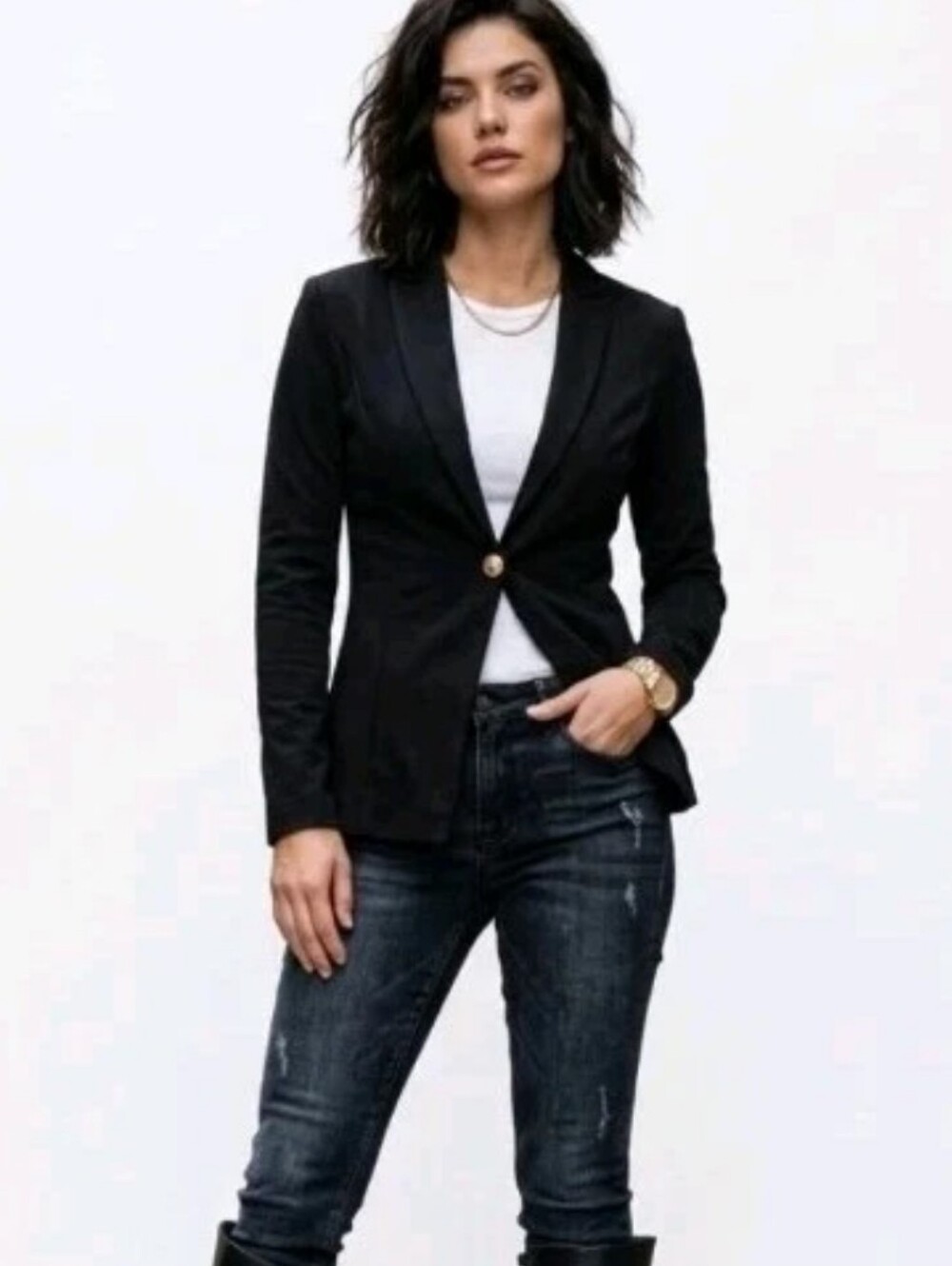 Vtg Y2K Charlotte Russe Black Hourglass Blazer Jacket M Gold Button Classy Chic